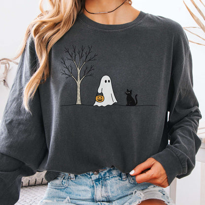 Little Ghost and Black Cat Halloween Long Sleeve