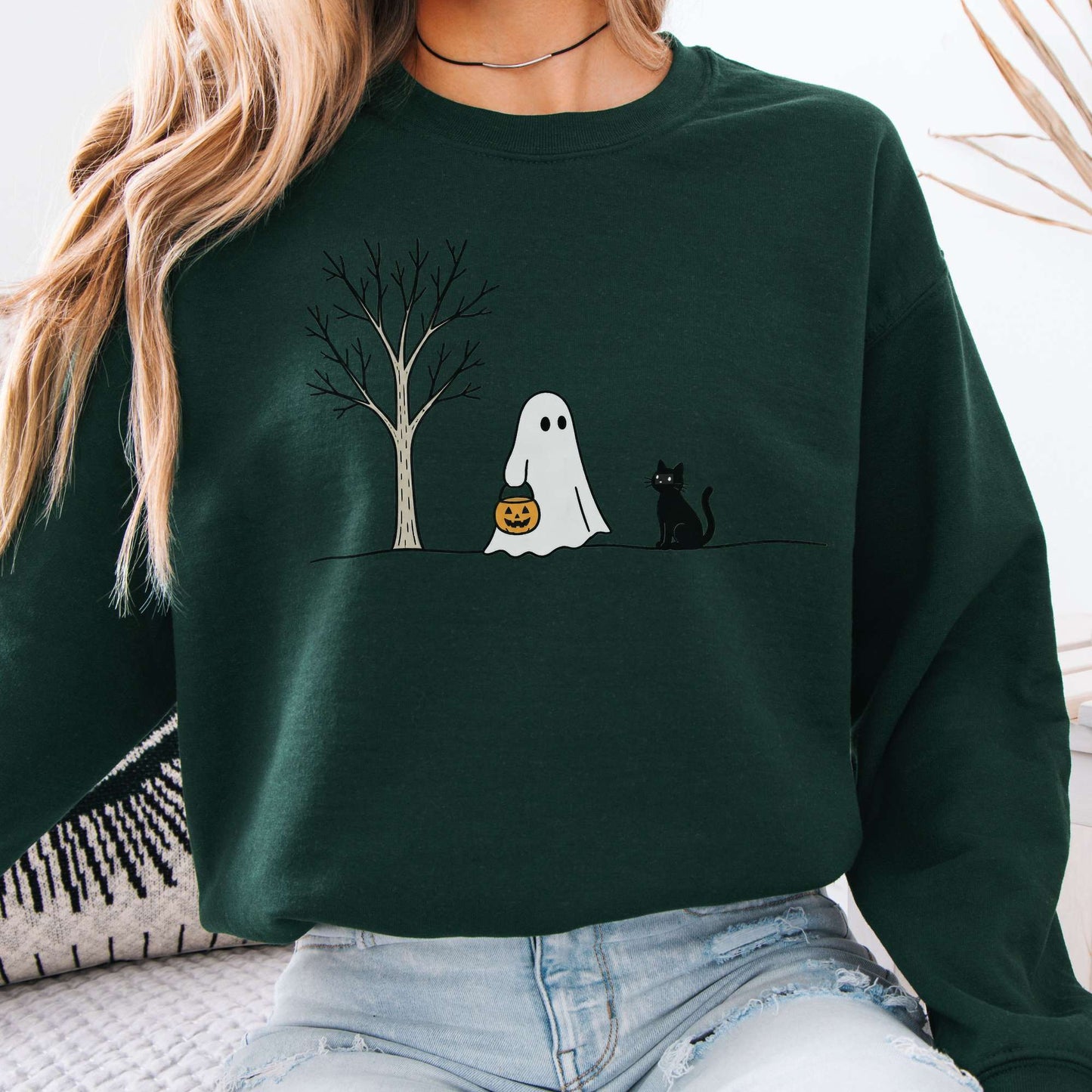 Little Ghost and Black Cat Halloween Sweatshirt