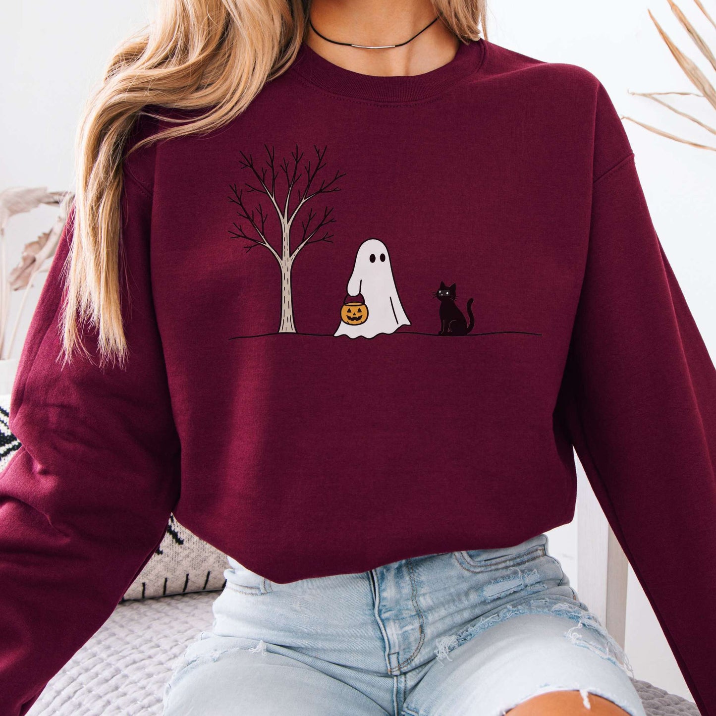 Little Ghost and Black Cat Halloween Sweatshirt