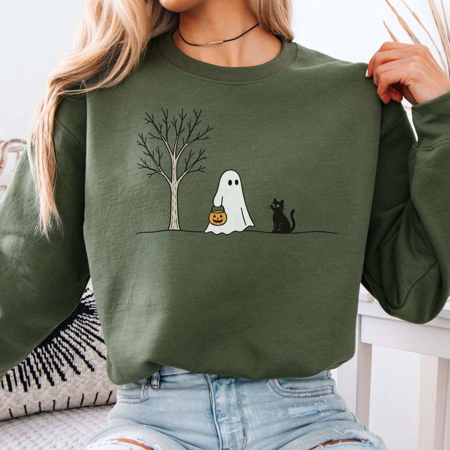Little Ghost and Black Cat Halloween Sweatshirt