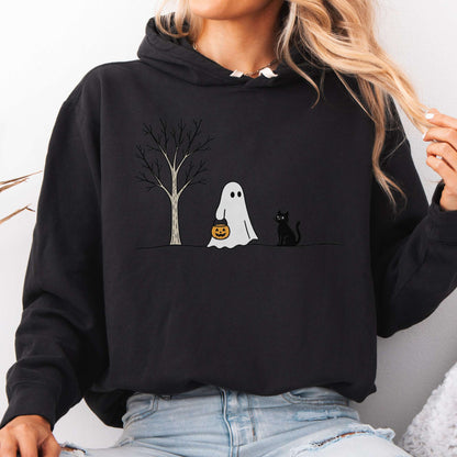 Little Ghost and Black Cat Halloween T Shirt Hooded Sweatshirt