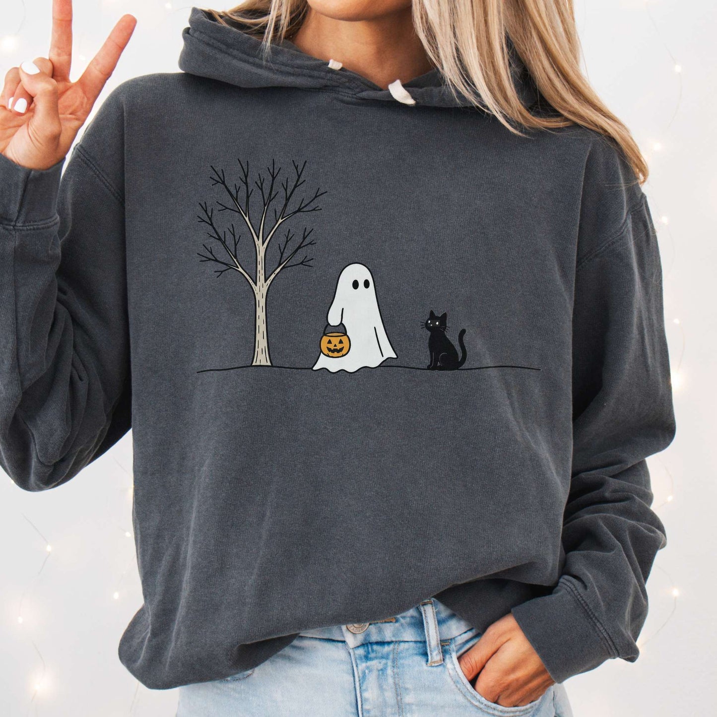 Little Ghost and Black Cat Halloween T Shirt Hooded Sweatshirt