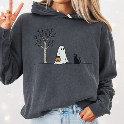Little Ghost and Black Cat Halloween T Shirt Hooded Sweatshirt