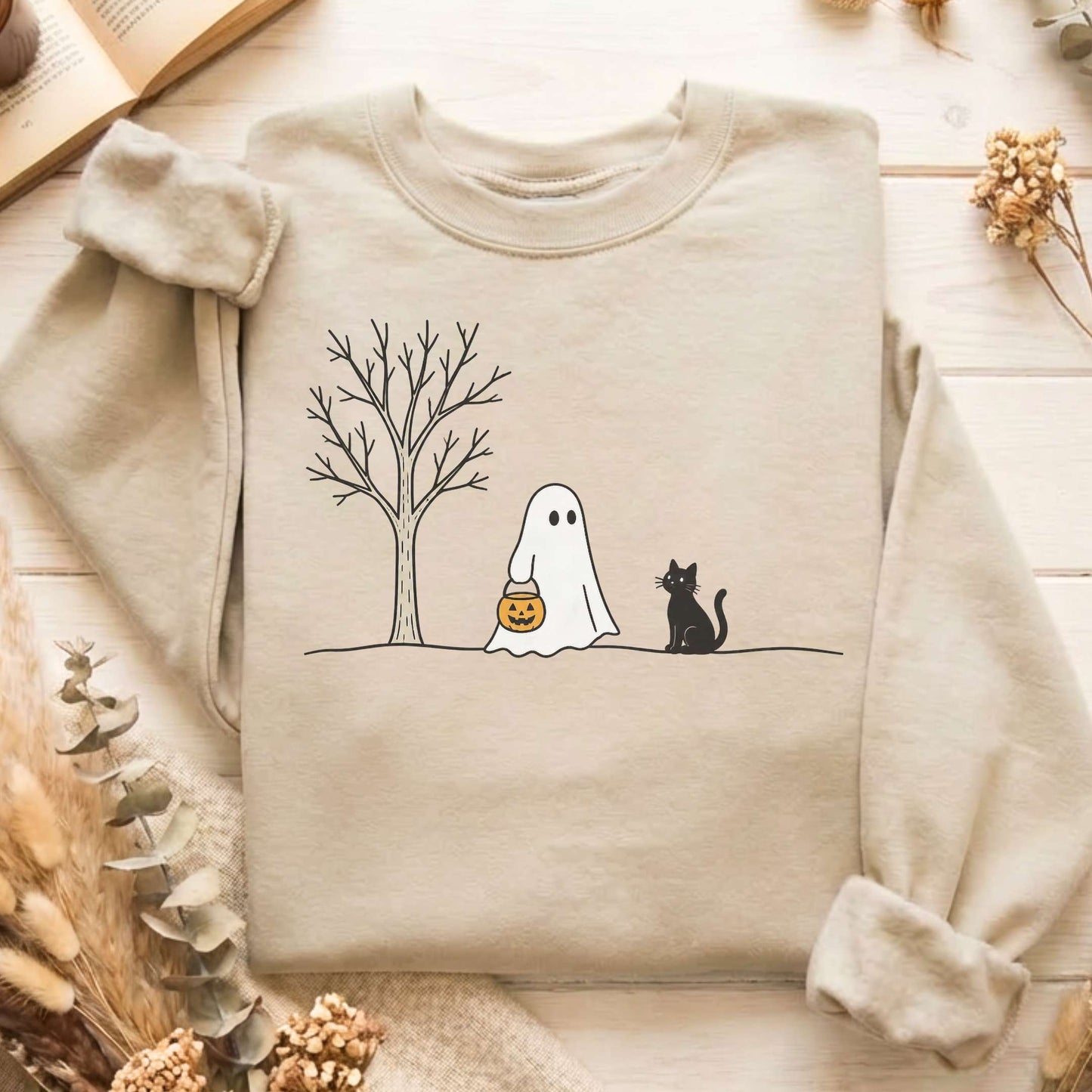 Little Ghost and Black Cat Halloween Sweatshirt