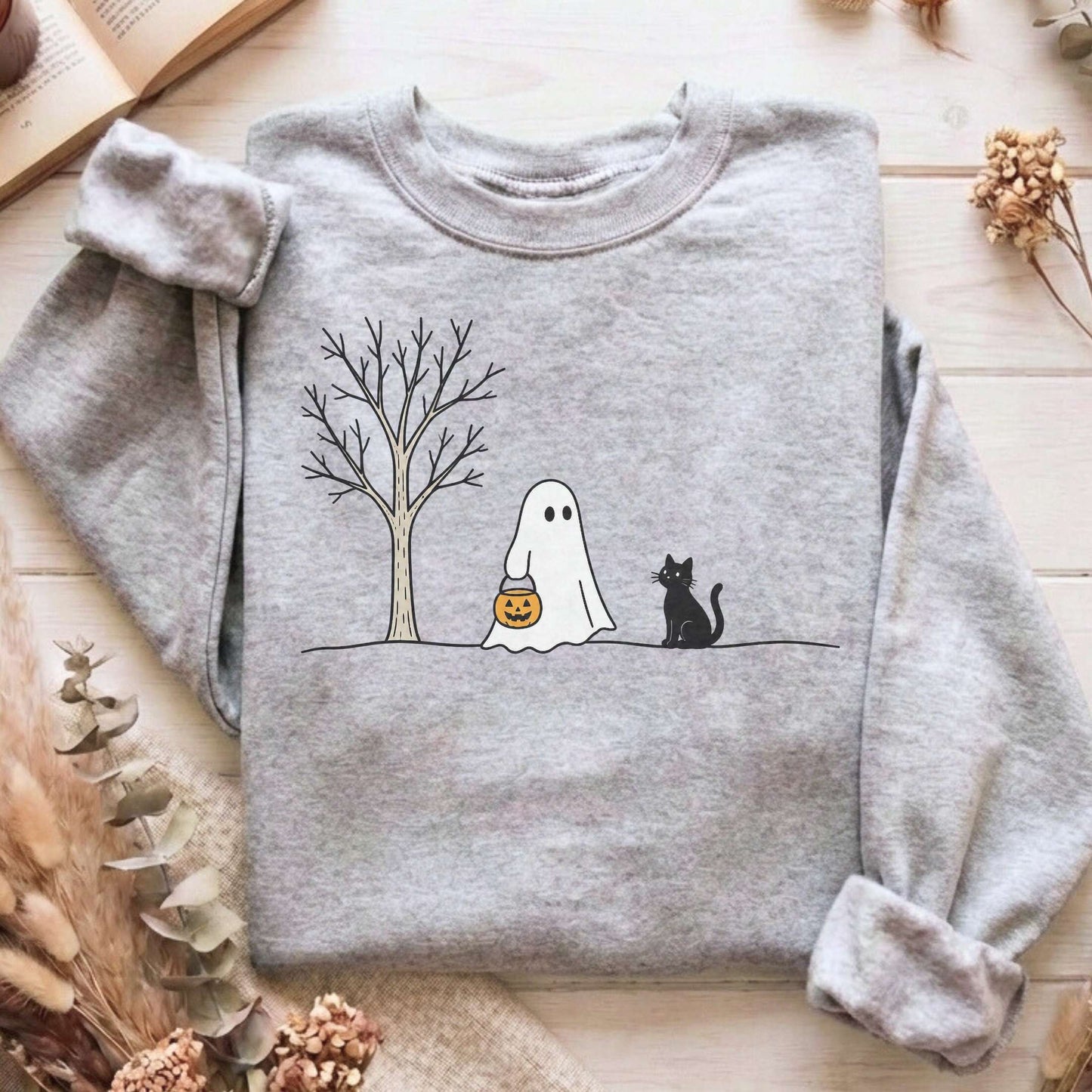 Little Ghost and Black Cat Halloween Sweatshirt