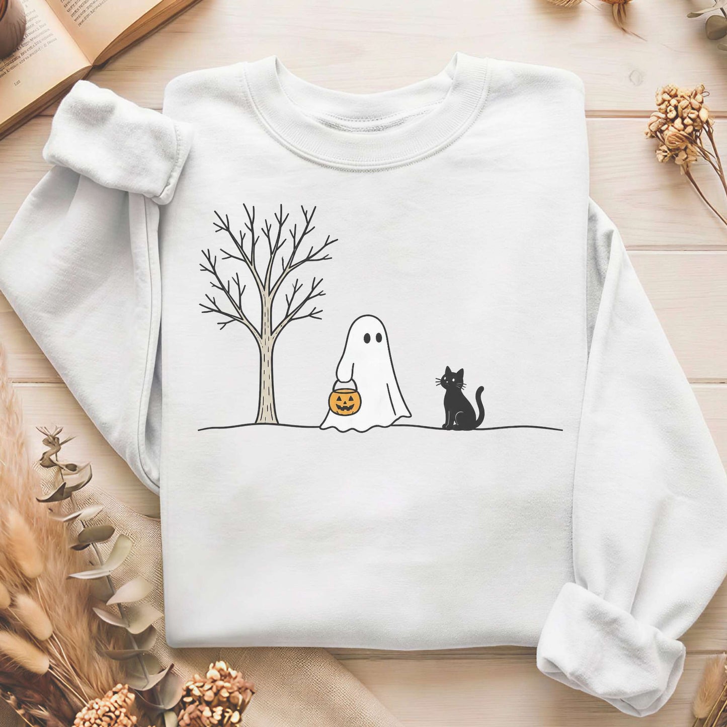 Little Ghost and Black Cat Halloween Sweatshirt