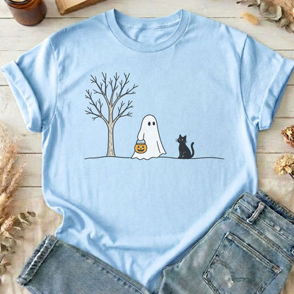 Little Ghost and Black Cat Halloween T-Shirt