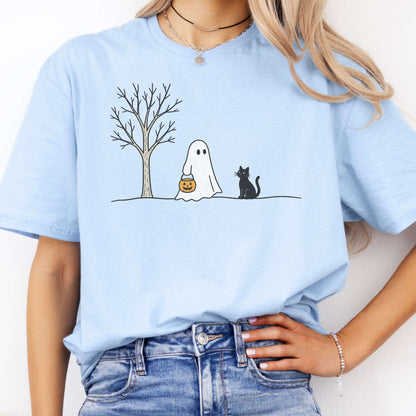 Little Ghost and Black Cat Halloween T-Shirt