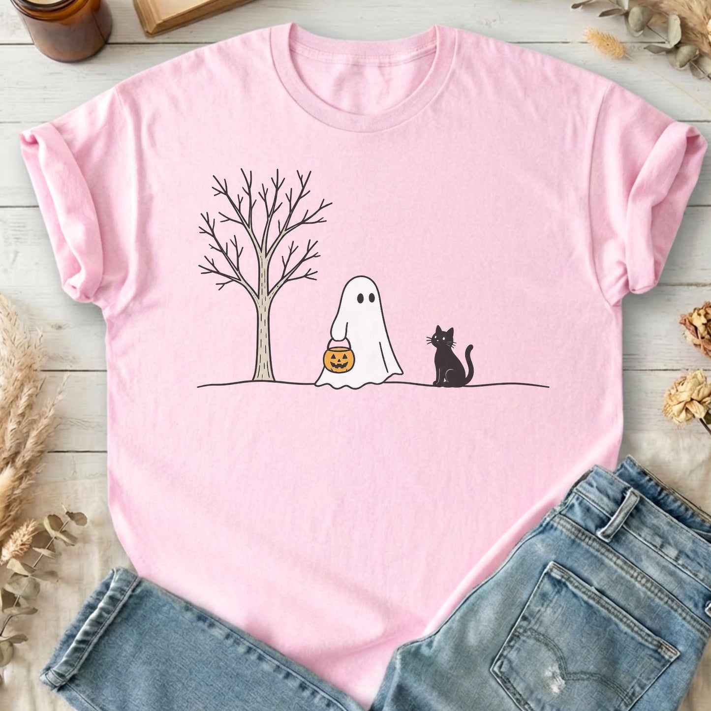 Little Ghost and Black Cat Halloween T-Shirt