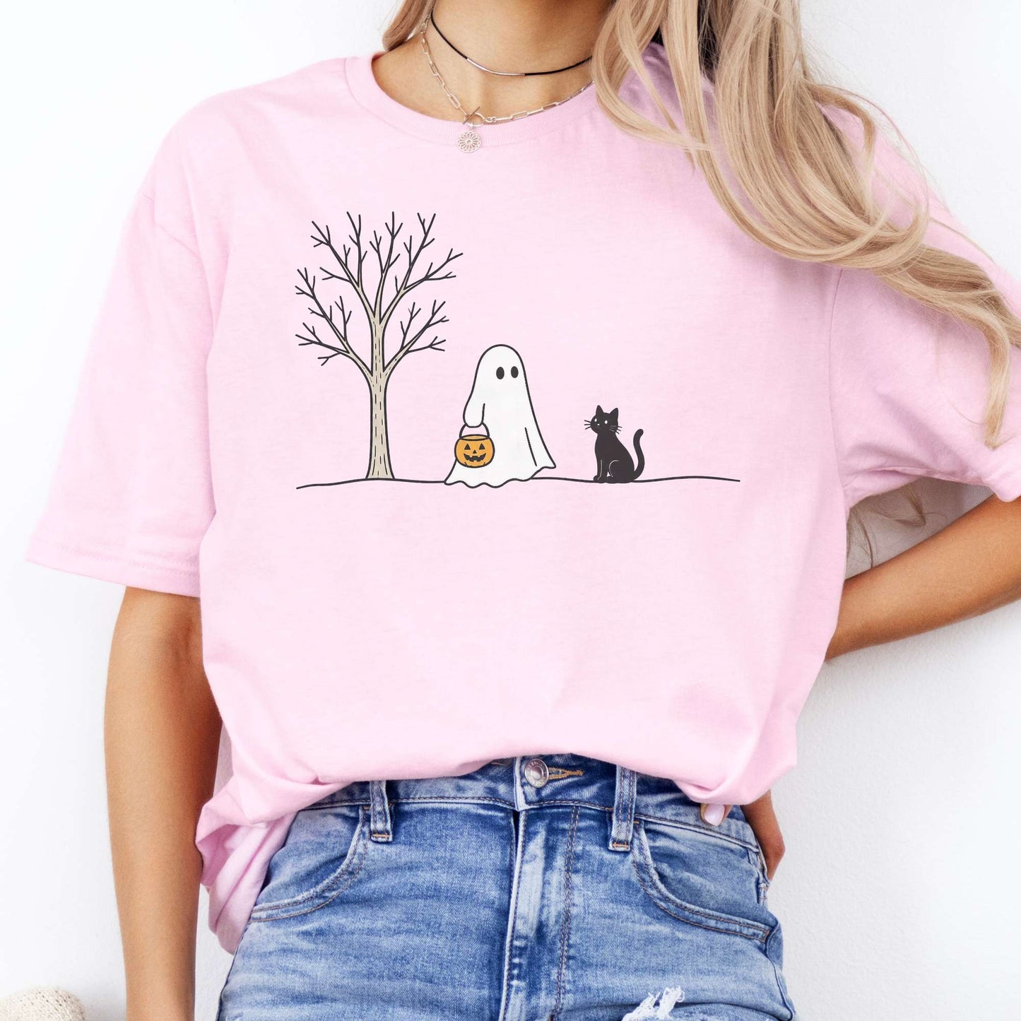 Little Ghost and Black Cat Halloween T-Shirt