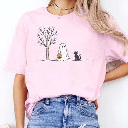 Little Ghost and Black Cat Halloween T-Shirt
