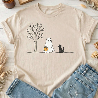 Little Ghost and Black Cat Halloween T-Shirt
