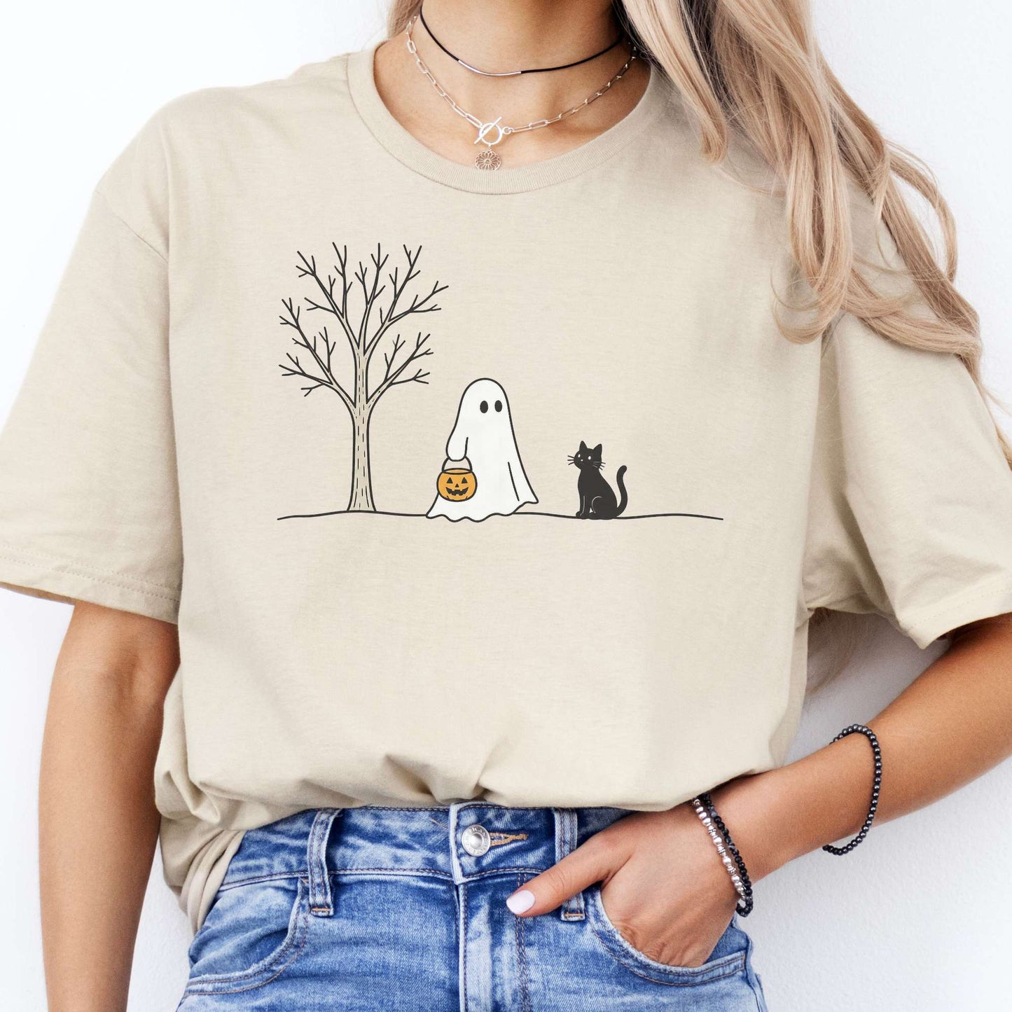 Little Ghost and Black Cat Halloween T-Shirt