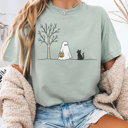 Little Ghost and Black Cat Halloween T-Shirt