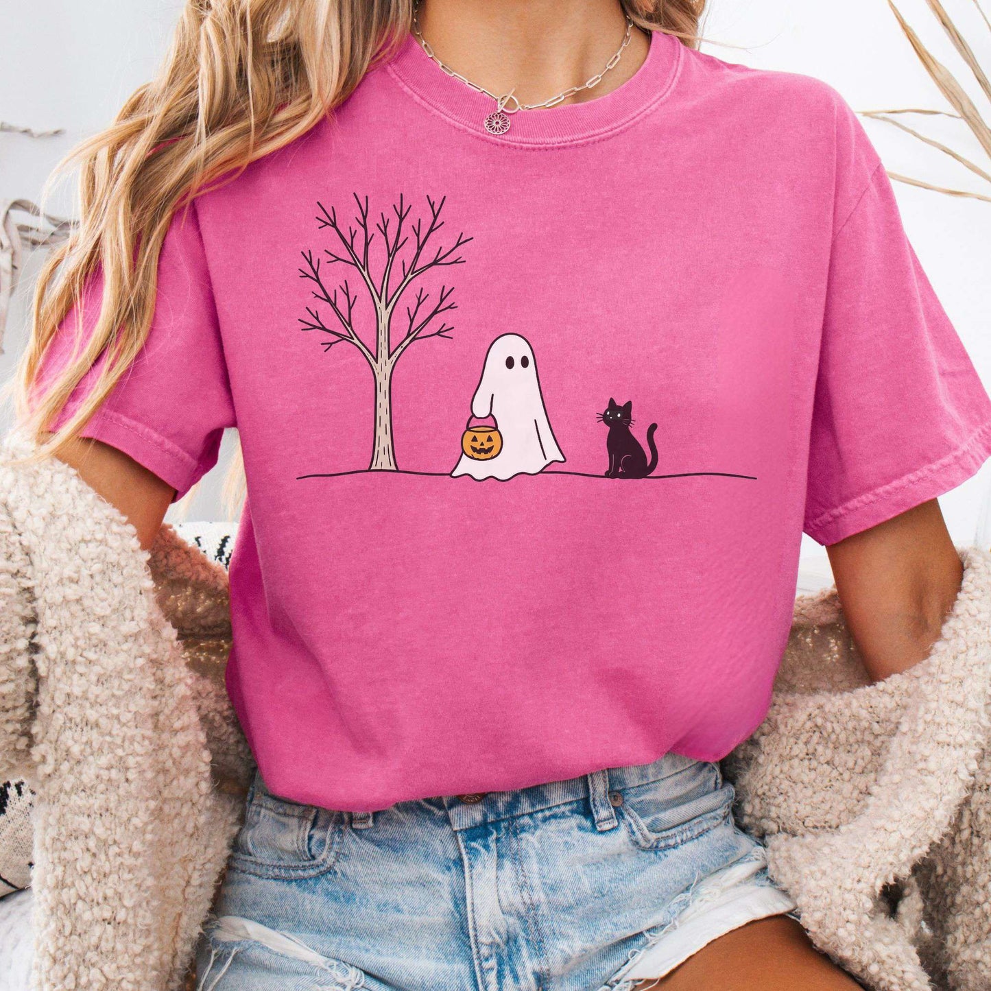 Little Ghost and Black Cat Halloween T-Shirt