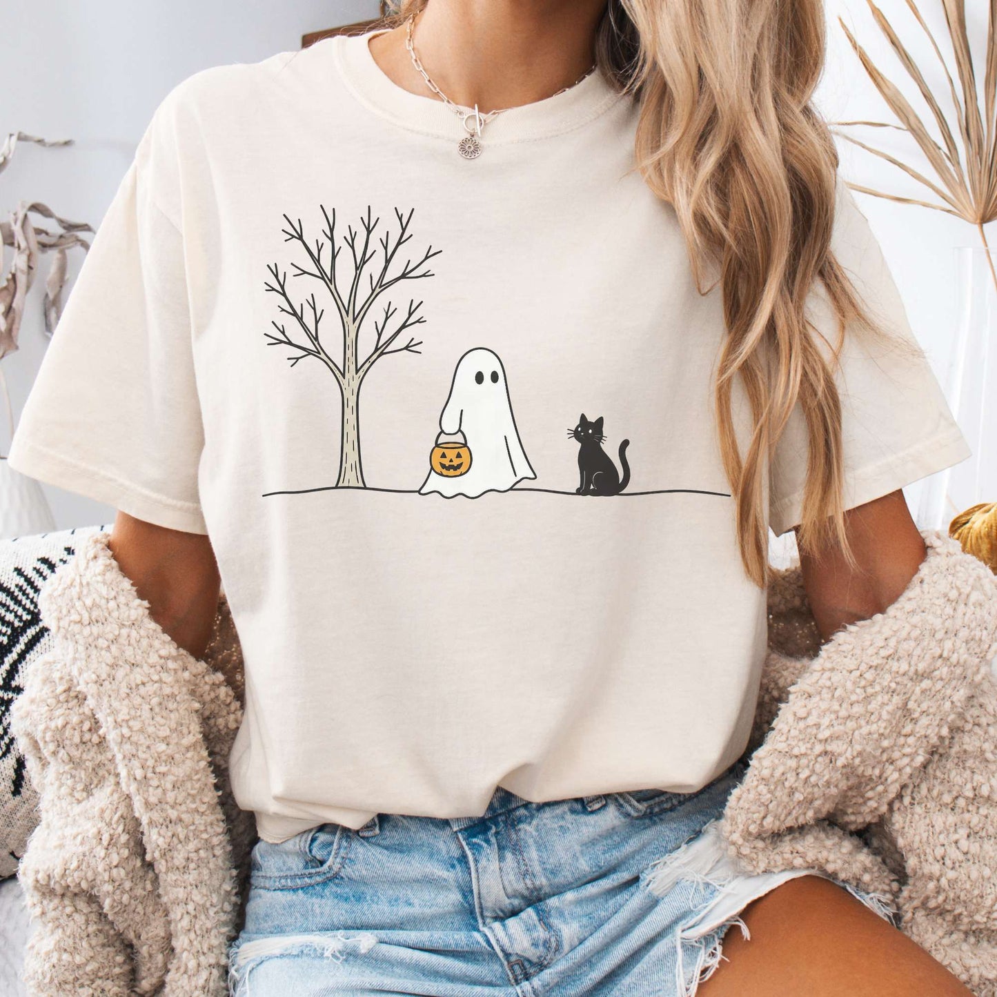 Little Ghost and Black Cat Halloween T-Shirt