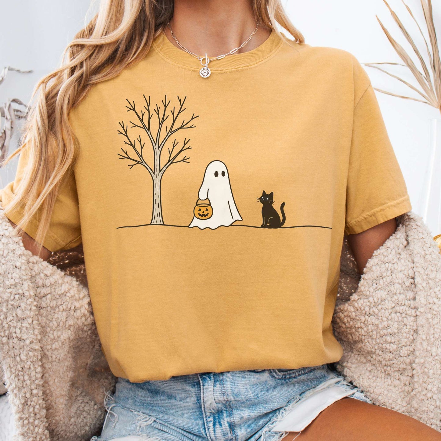 Little Ghost and Black Cat Halloween T-Shirt