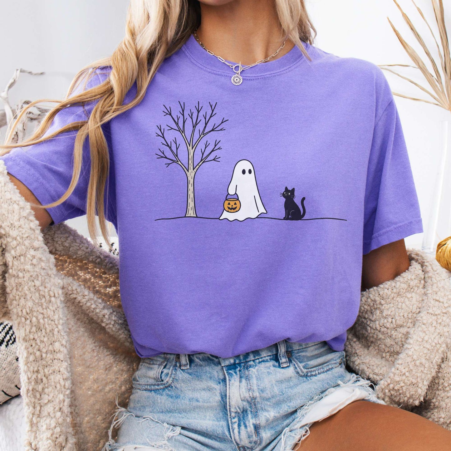 Little Ghost and Black Cat Halloween T-Shirt