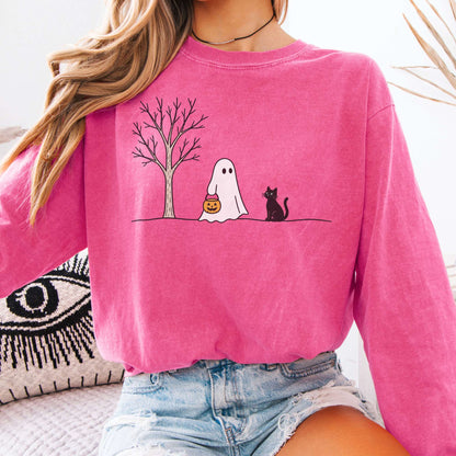 Little Ghost and Black Cat Halloween Long Sleeve