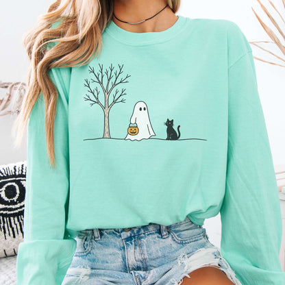 Little Ghost and Black Cat Halloween Long Sleeve