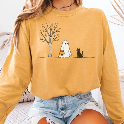 Little Ghost and Black Cat Halloween Long Sleeve