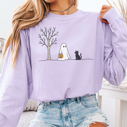 Little Ghost and Black Cat Halloween Long Sleeve