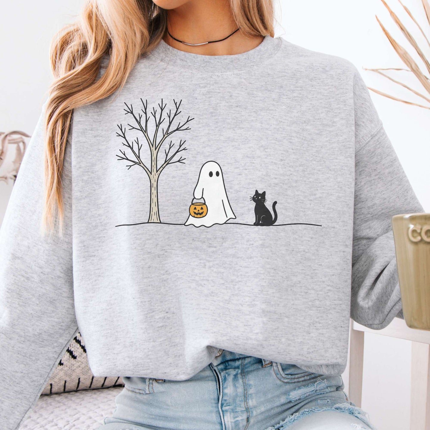 Little Ghost and Black Cat Halloween Sweatshirt