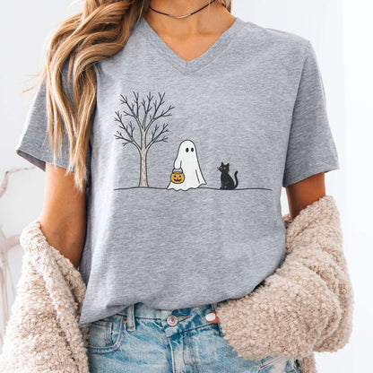 Little Ghost and Black Cat Halloween V-Neck