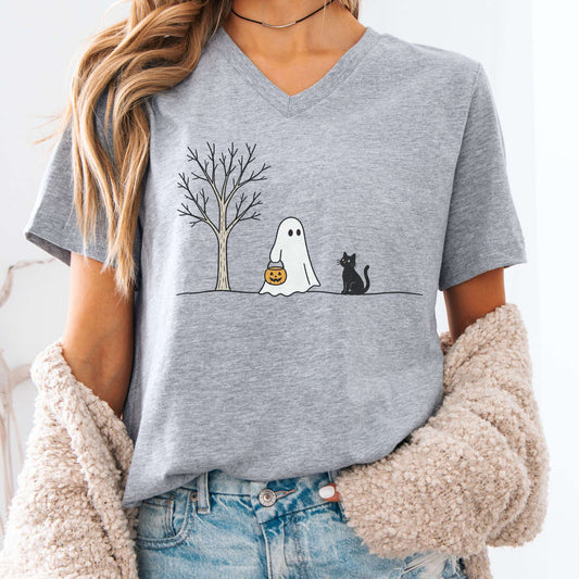 Little Ghost and Black Cat Halloween V-Neck