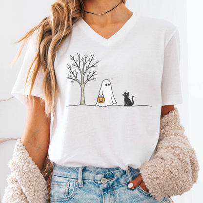 Little Ghost and Black Cat Halloween V-Neck