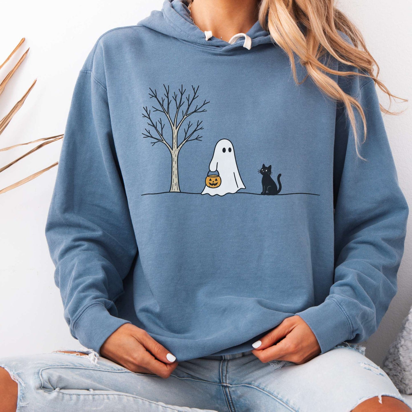 Little Ghost and Black Cat Halloween T Shirt Hooded Sweatshirt