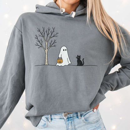 Little Ghost and Black Cat Halloween T Shirt Hooded Sweatshirt