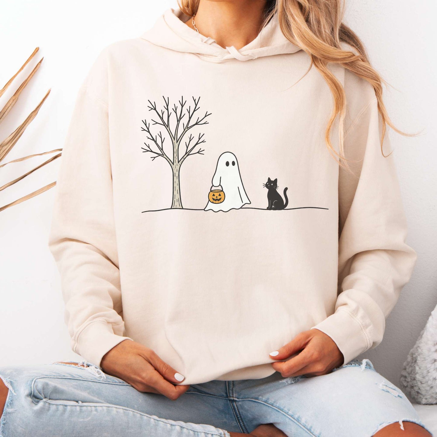 Little Ghost and Black Cat Halloween T Shirt Hooded Sweatshirt
