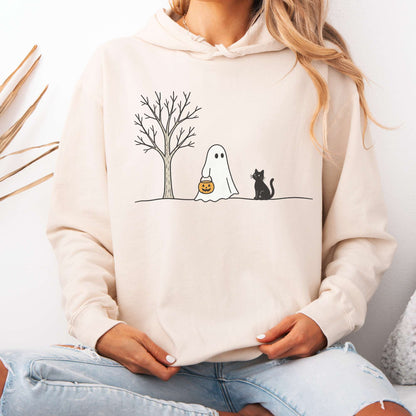 Little Ghost and Black Cat Halloween T Shirt Hooded Sweatshirt