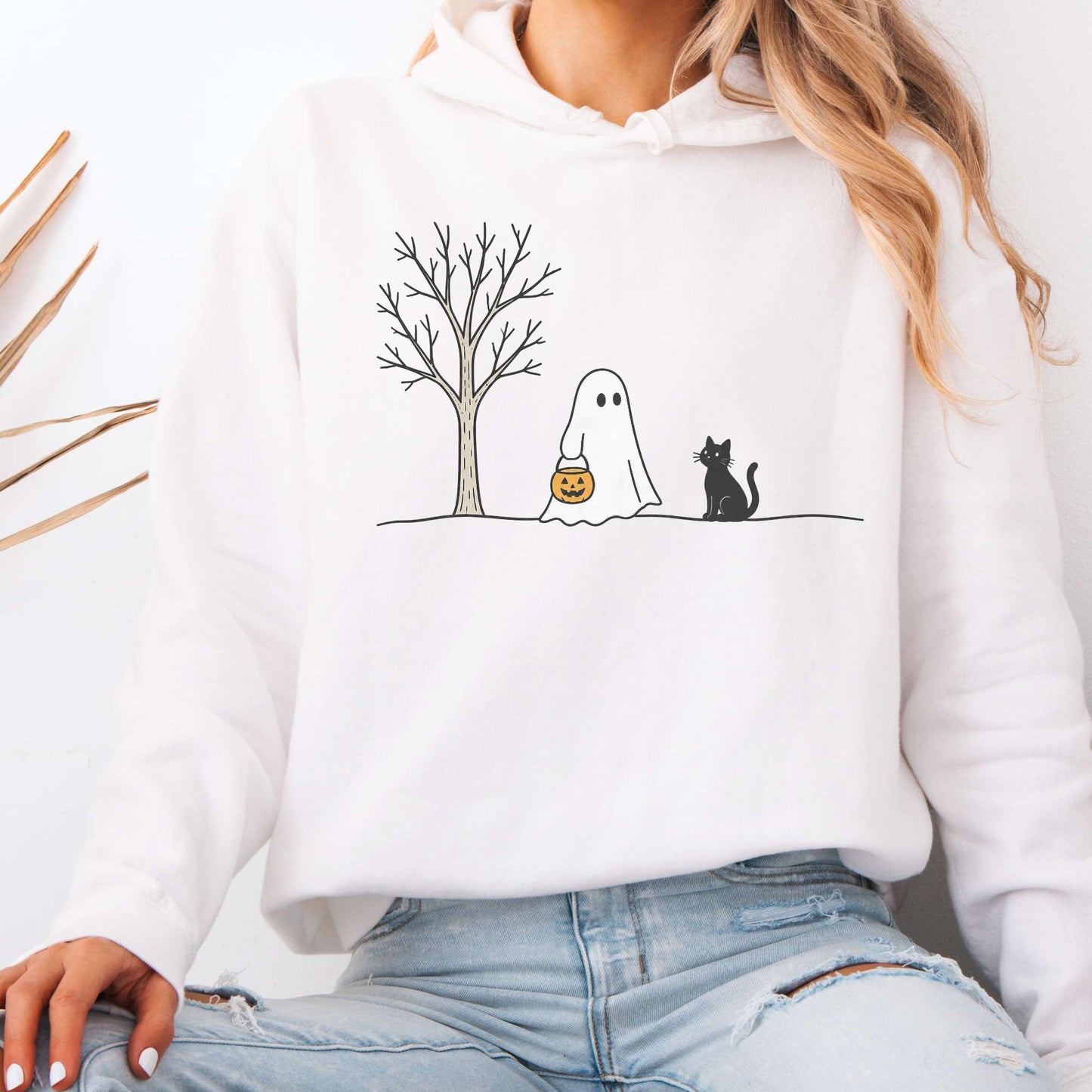 Little Ghost and Black Cat Halloween T Shirt Hooded Sweatshirt