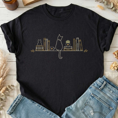 Book Shelf & Cat Bookish T-Shirt