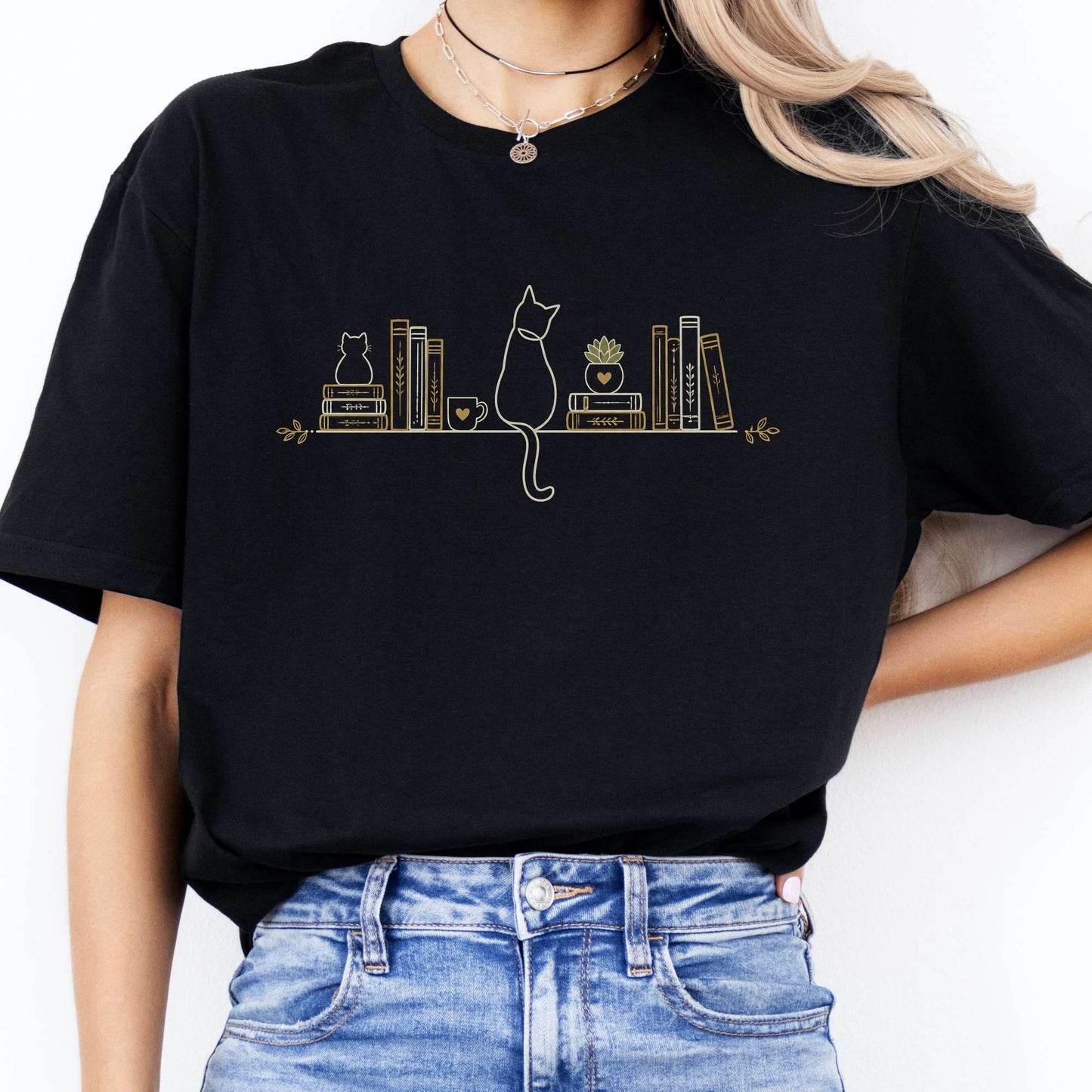 Book Shelf & Cat Bookish T-Shirt