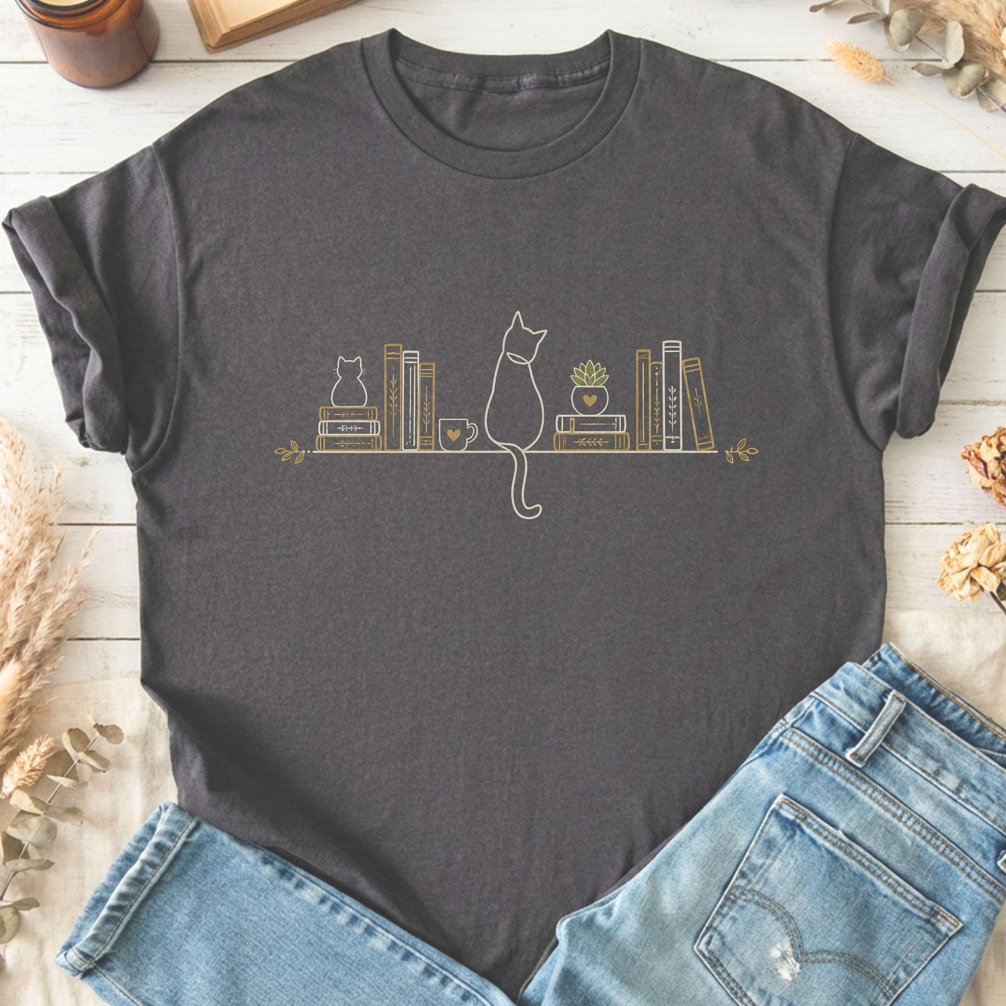 Book Shelf & Cat Bookish T-Shirt