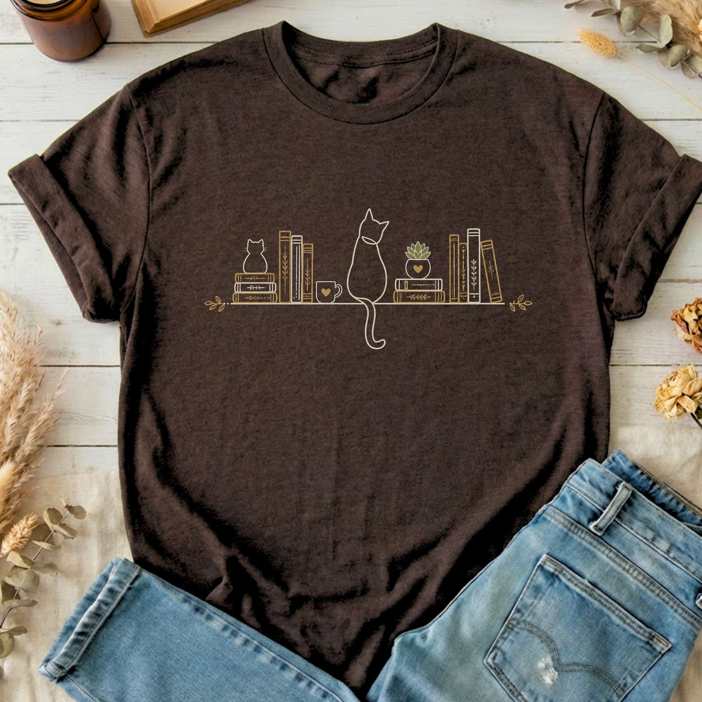 Book Shelf & Cat Bookish T-Shirt