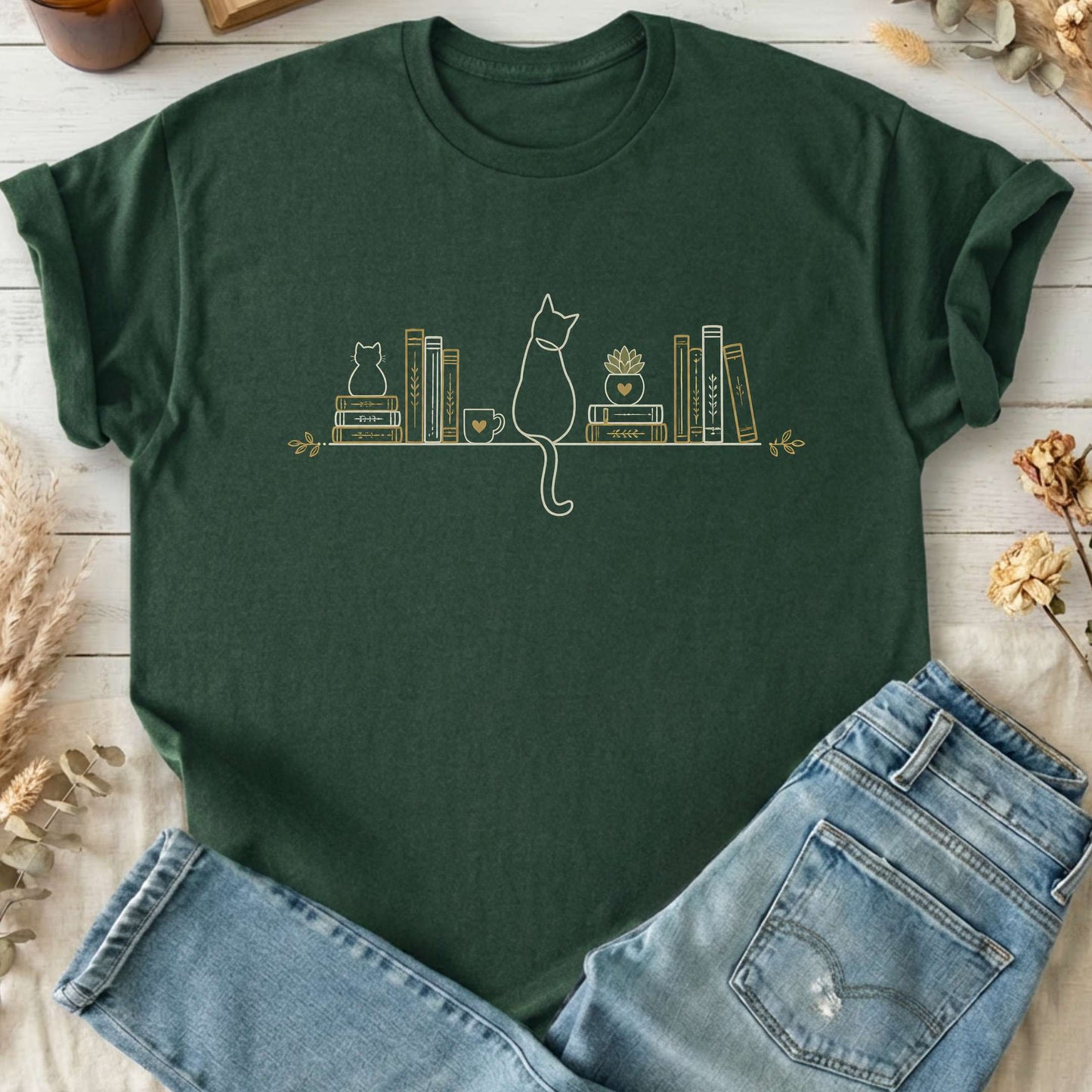 Book Shelf & Cat Bookish T-Shirt
