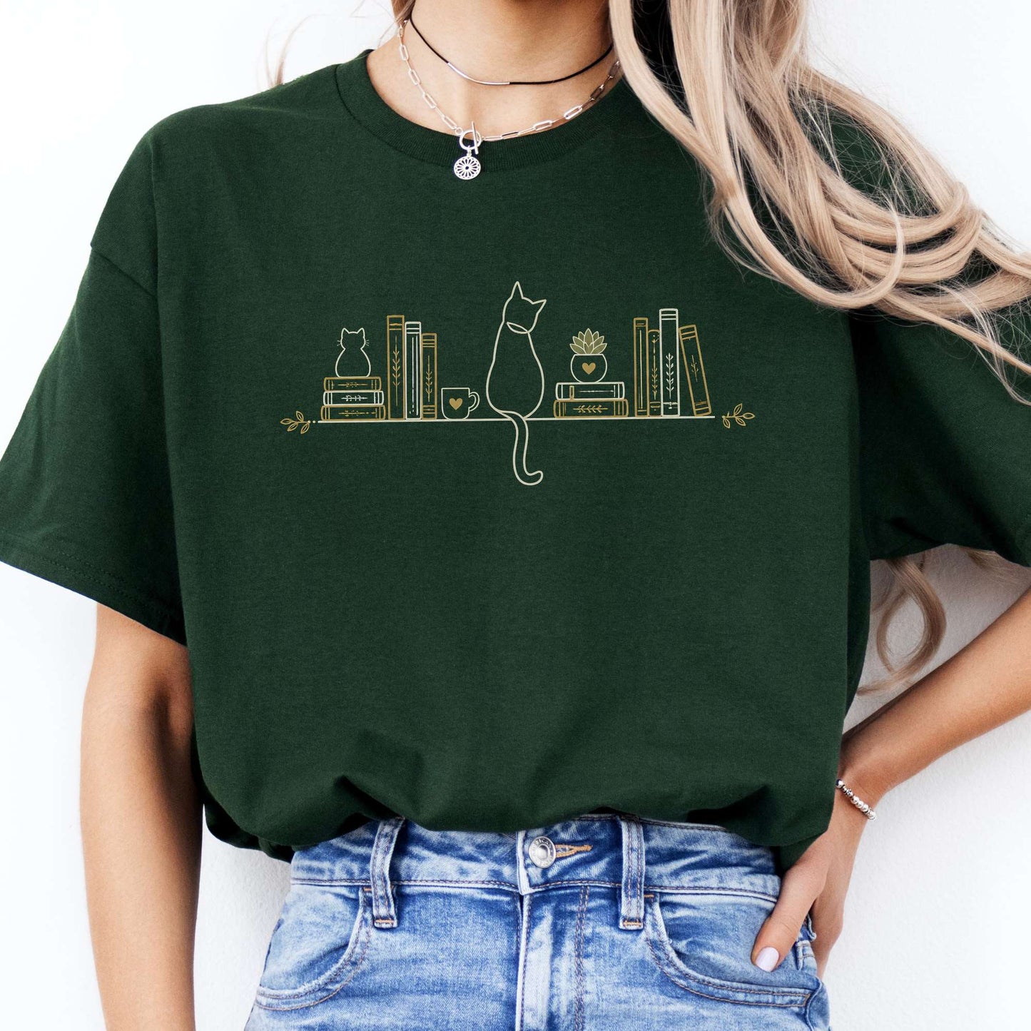 Book Shelf & Cat Bookish T-Shirt