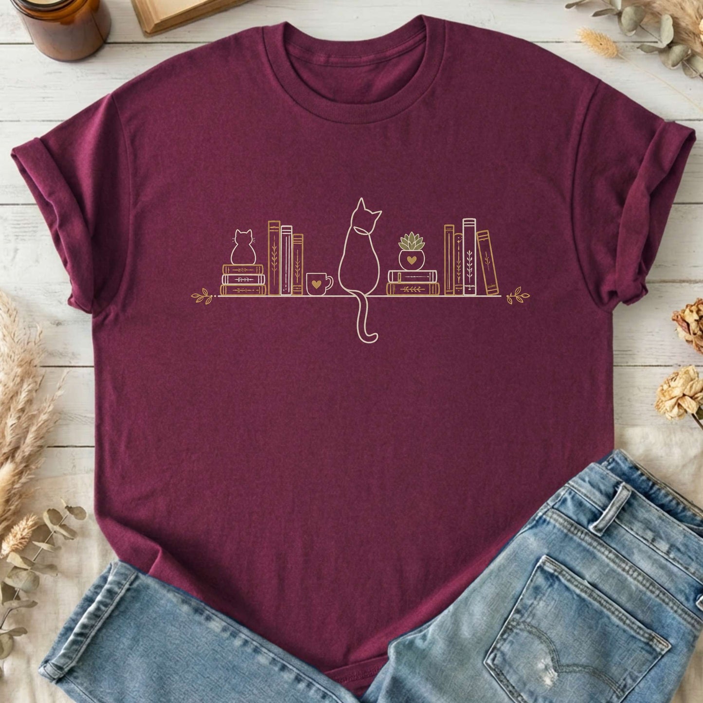 Book Shelf & Cat Bookish T-Shirt