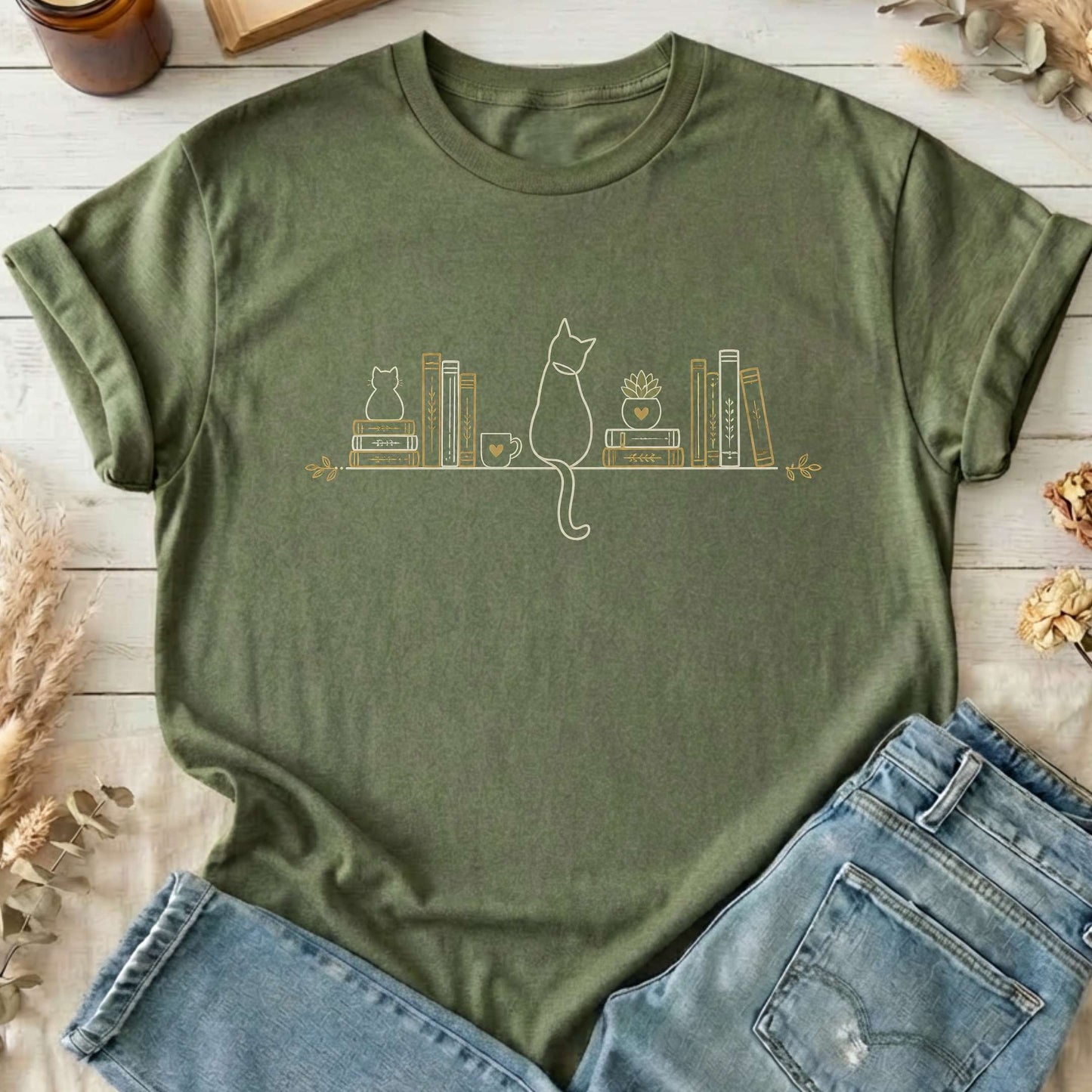 Book Shelf & Cat Bookish T-Shirt