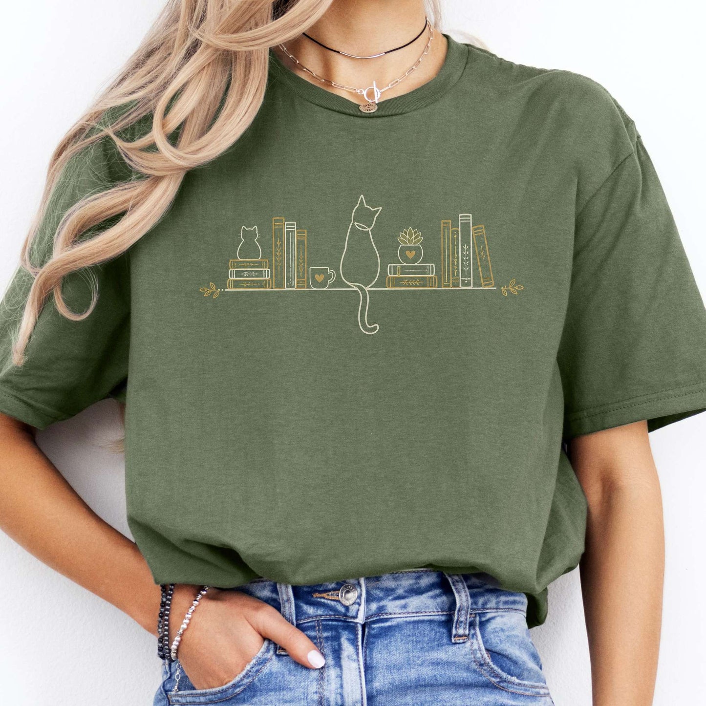 Book Shelf & Cat Bookish T-Shirt