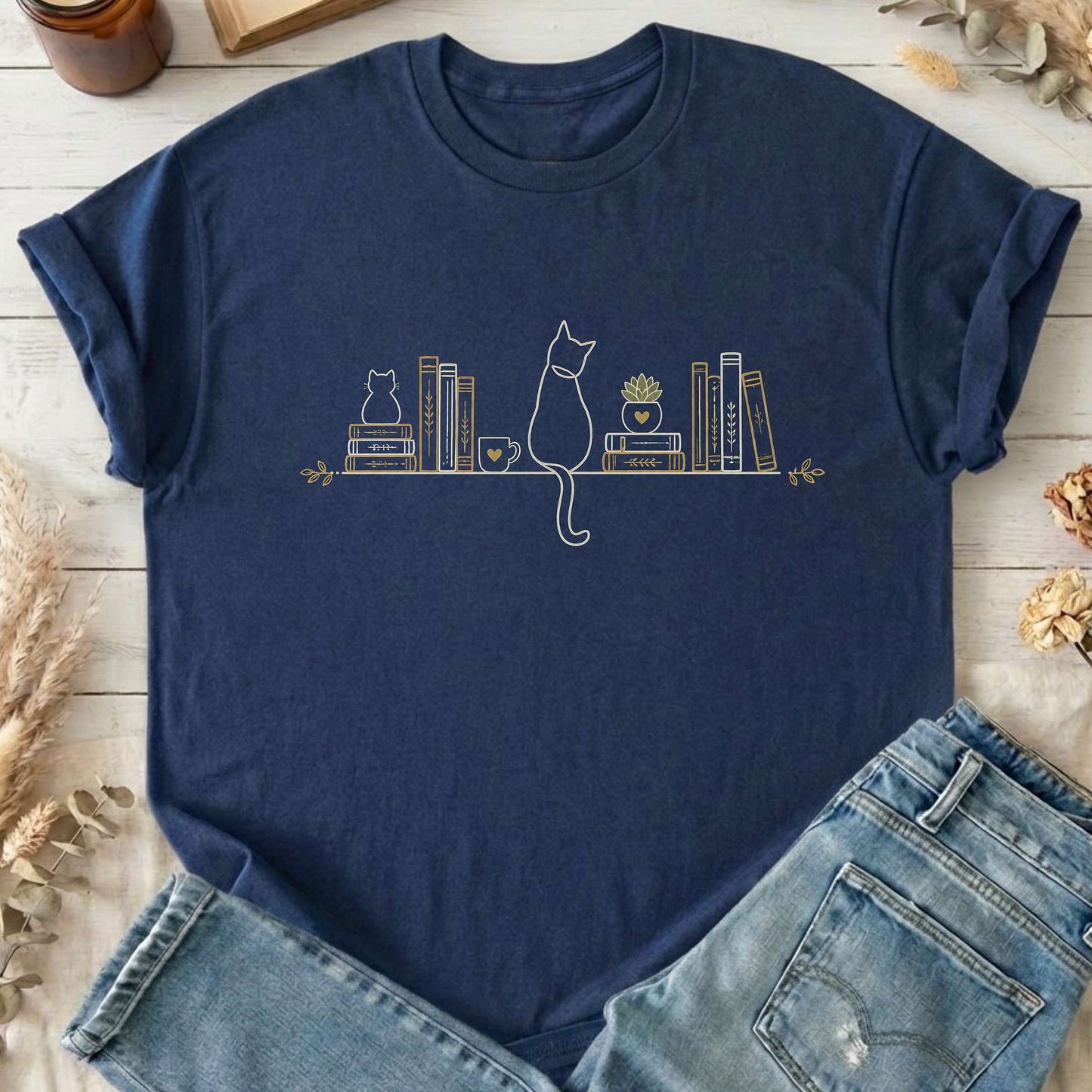 Book Shelf & Cat Bookish T-Shirt