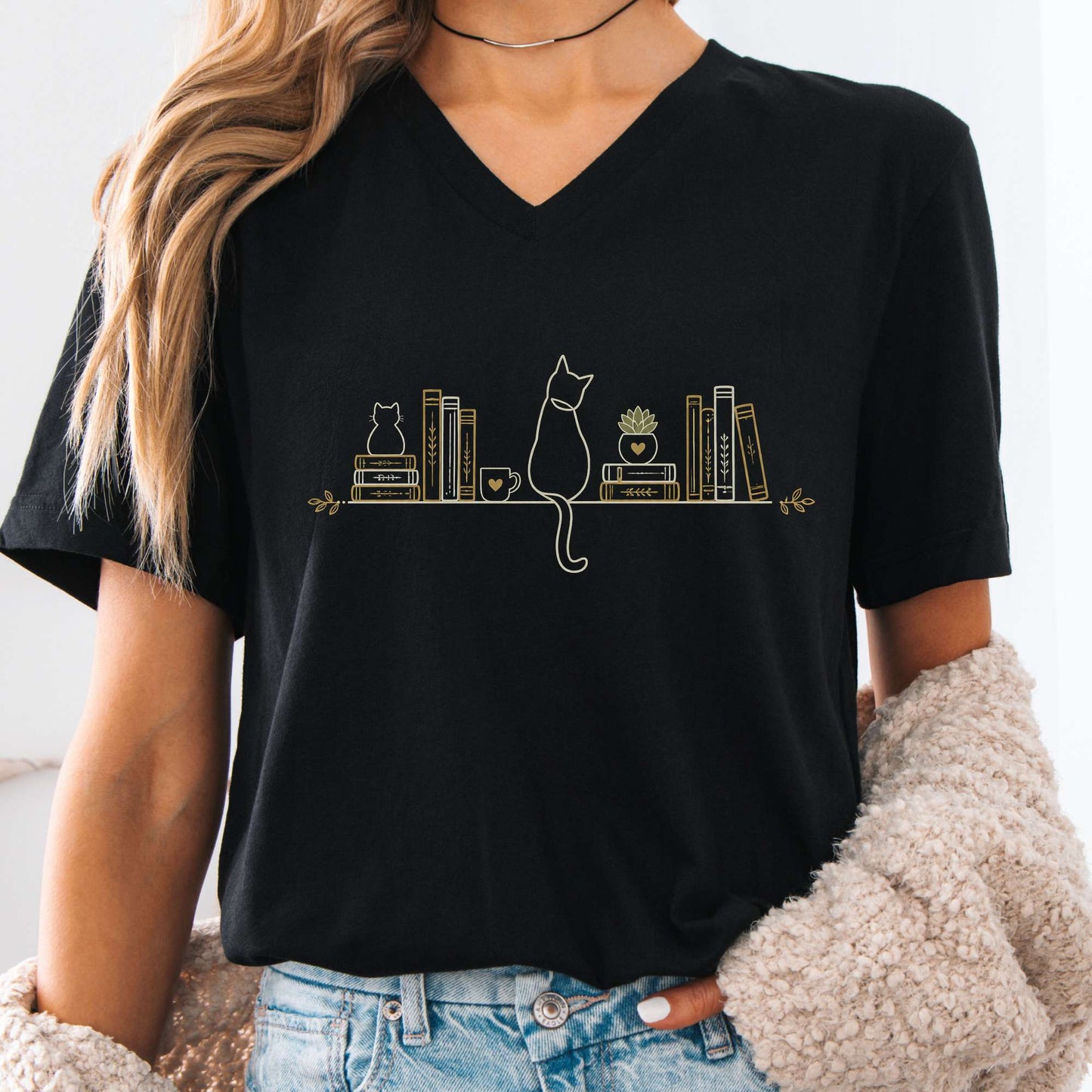 Book Shelf & Cat Bookish V-Neck