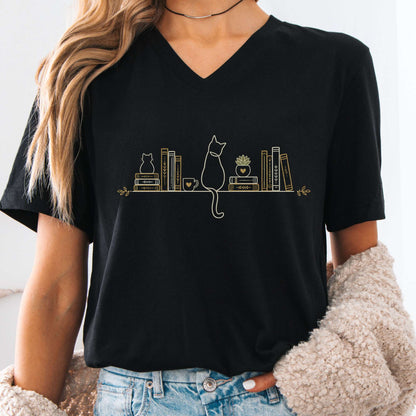 Book Shelf & Cat Bookish V-Neck