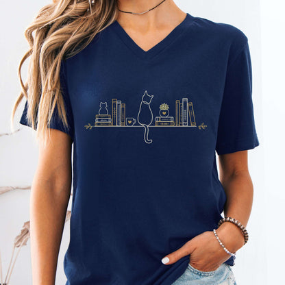 Book Shelf & Cat Bookish V-Neck