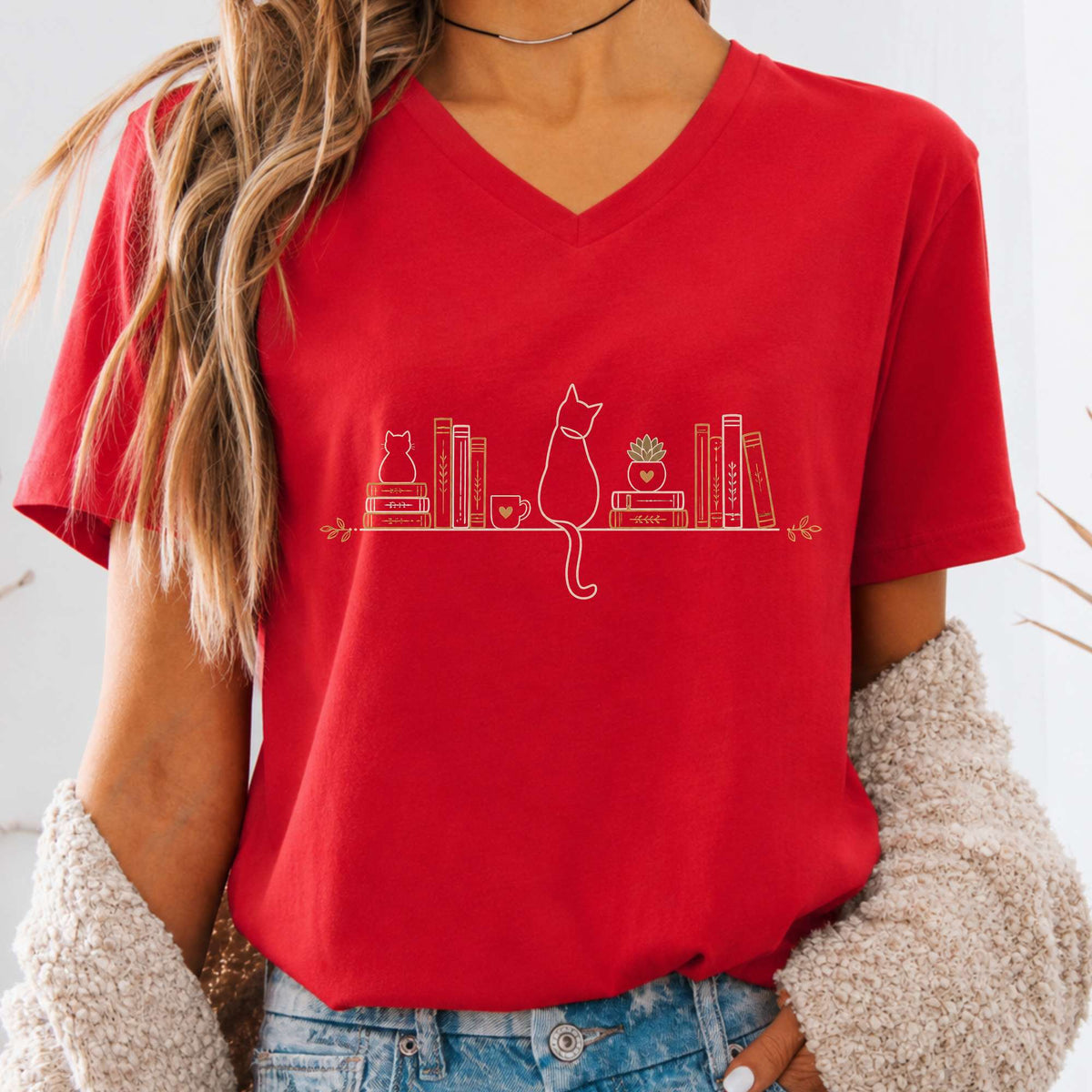 Book Shelf & Cat Bookish V-Neck