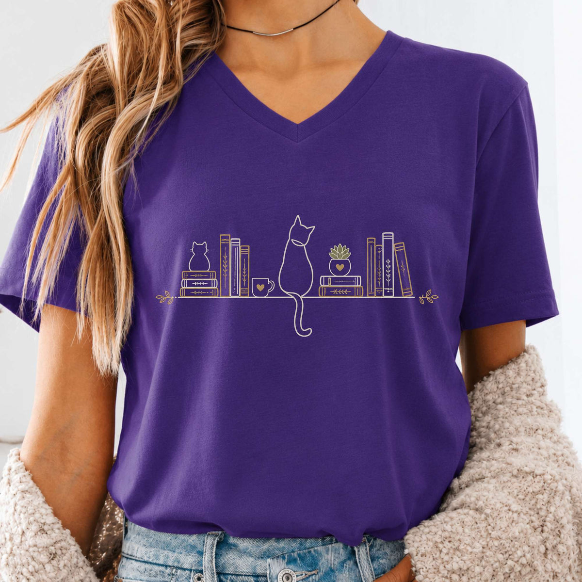 Book Shelf & Cat Bookish V-Neck